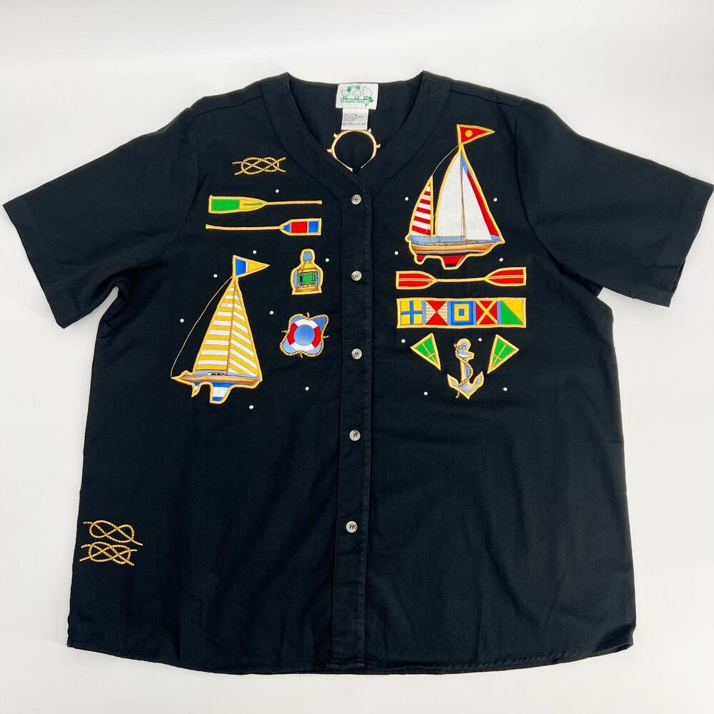 The Quacker Factory Nautical Tunic Top Womens Plus 1X Black Novelty Embellished